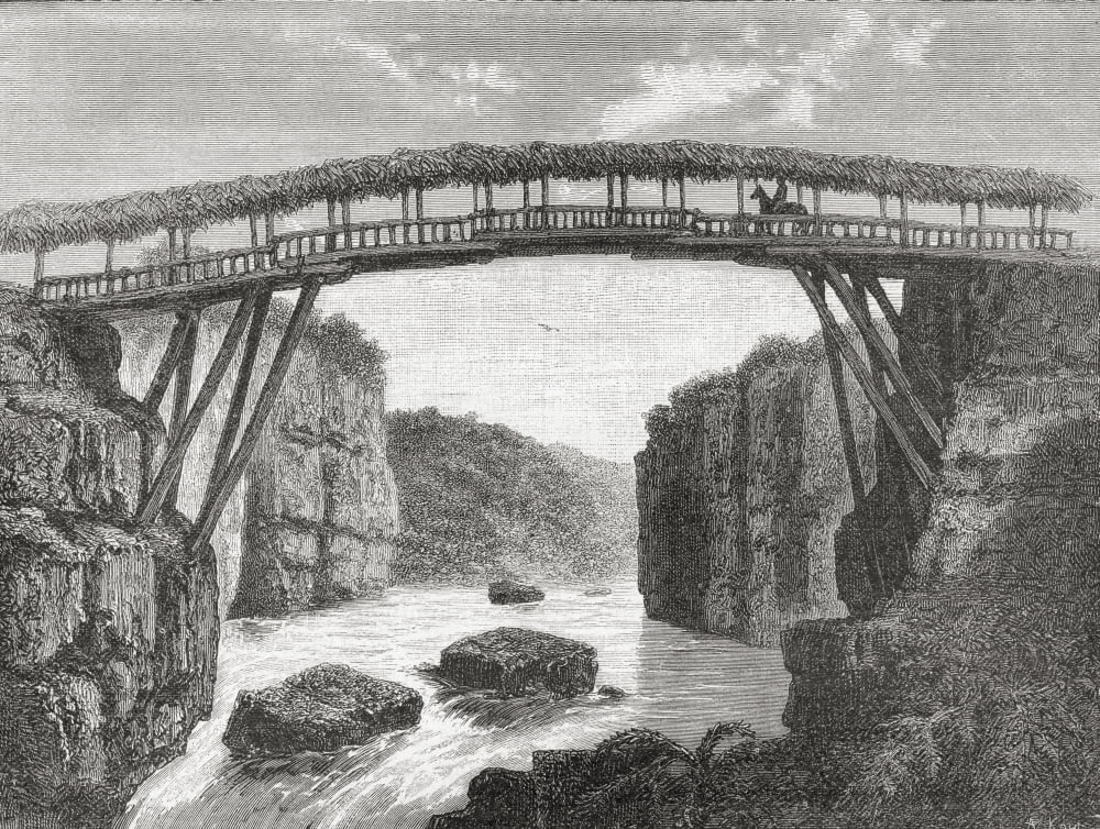 Bridge Over The River Porce Near Medellin Colombia South America In The 19Th Century From El Mundo En La Mano Published 1875 Canvas Art - Ken Welsh Design Pics (16 x 12)