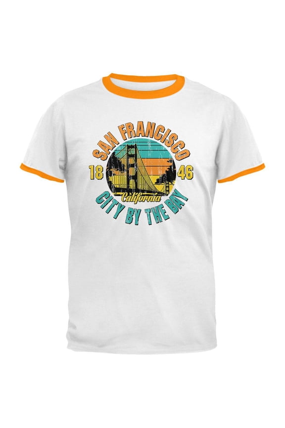 Bridge San Francisco California Mens Ringer T Shirt White-Gold LG