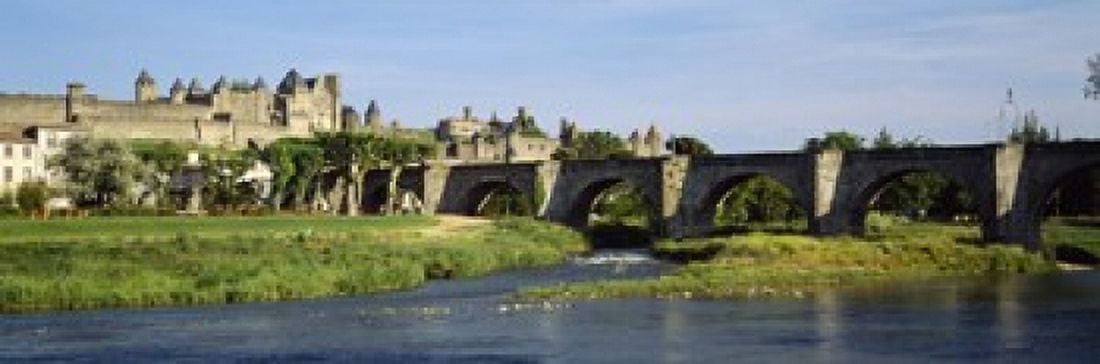 Bridge across a river Aude River Carcassonne Languedoc France Canvas Art - Panoramic Images (18 x 6)