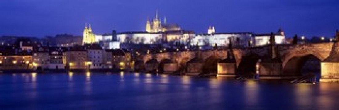 Bridge across a river lit up at night Charles Bridge Vltava River Prague Czech Republic Canvas Art - Panoramic Images (18 x 6)