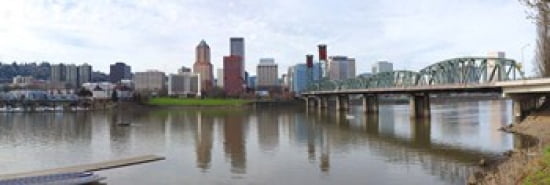 Bridge across a river with city skyline in the background Willamette River Portland Oregon 2010 Canvas Art - Panoramic Images (18 x 6)