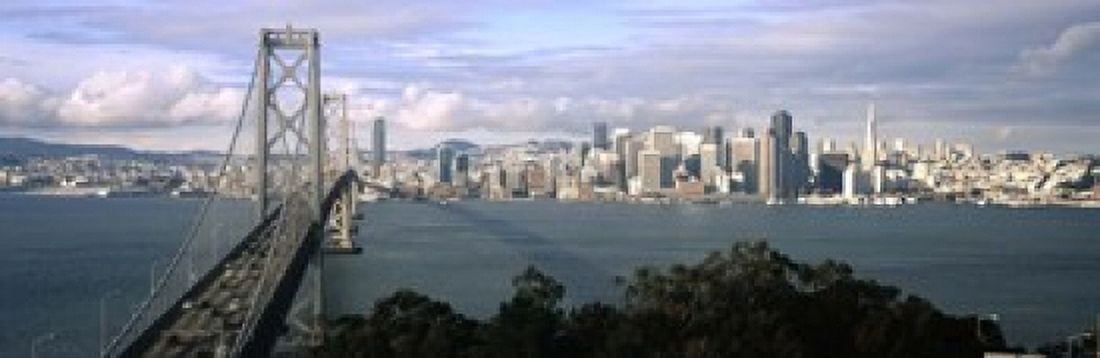 Bridge across a bay with city skyline in the background Bay Bridge San Francisco Bay San Francisco California USA Canvas Art - Panoramic Images (18 x 6)