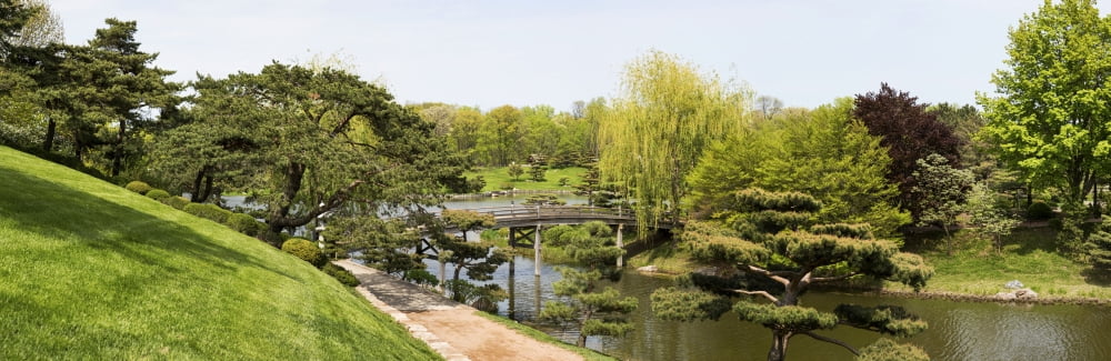 Bridge and Japanese Garden Chicago Botanic Garden Glencoe Cook County Illinois USA Canvas Art - Panoramic Images (27 x 9)