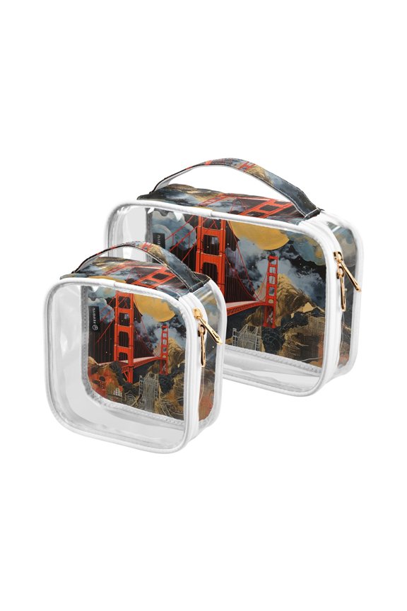 Bridge and Moon Painting Clear Cosmetic Bags with Handles PVC Toiletry Bags Zipper Waterproof Portable for Traveling 2 Pcs