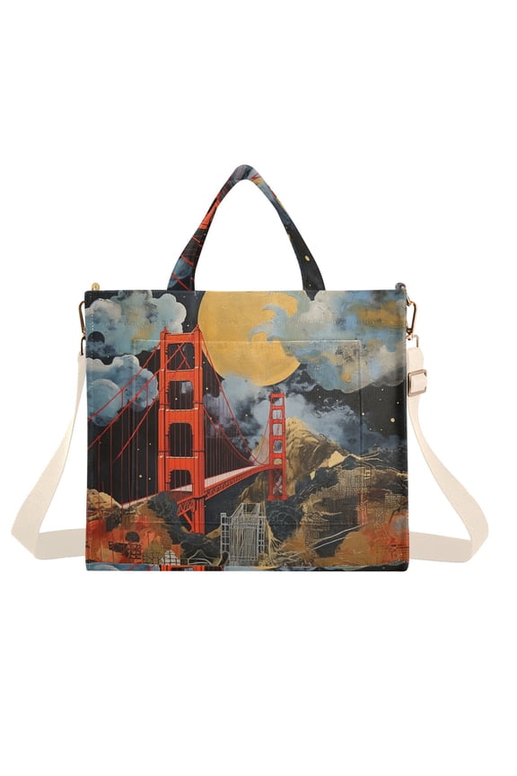 Bridge and Moon Painting Corduroy Tote Bag Handbag Large Messenger Bag Shoulder Crossbody Zipper Bag Purse