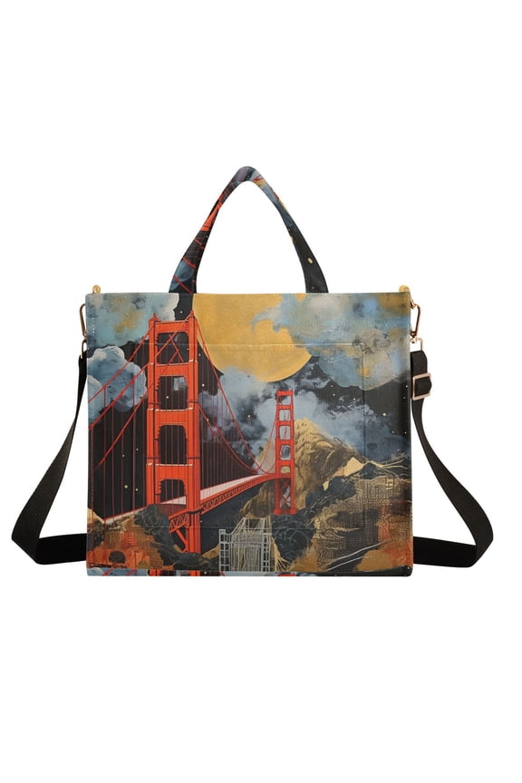 Bridge and Moon Painting Corduroy Tote Bag Handbag Large Messenger Bag Shoulder Crossbody Zipper Bag Purse