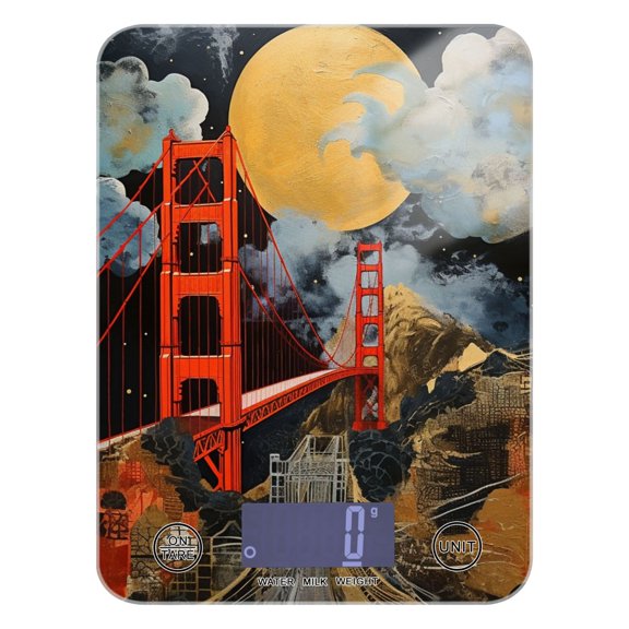 Bridge and Moon Painting Food Scale Digital Kitchen Scale Waterproof Tempered Glass Tare Function 11 lb for Baking Cooking Meal Prep