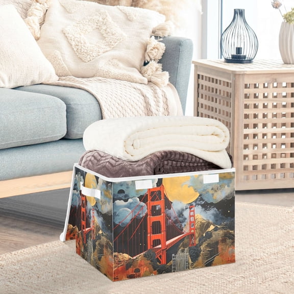 Bridge and Moon Painting Storage Basket Foldable Laundry Basket Shelf Kids Toy Storage Container Organizer with Handles
