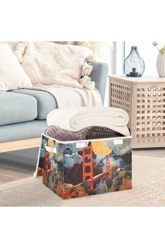 Bridge and Moon Painting Storage Basket Foldable Laundry Basket Shelf Kids Toy Storage Container Organizer with Handles