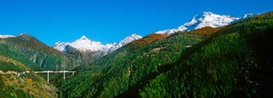 Bridge at Simplon Pass road in autumn Valais Canton Switzerland Canvas Art - Panoramic Images (36 x 13)