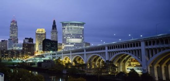 Bridge in a city lit up at dusk Detroit Avenue Bridge Cleveland Ohio USA Canvas Art - Panoramic Images (24 x 12)
