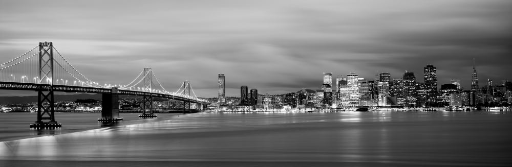 Bridge lit up at dusk Bay Bridge San Francisco Bay San Francisco California USA Canvas Art - Panoramic Images (12 x 36)