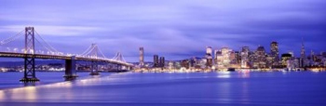 Bridge lit up at dusk Bay Bridge San Francisco Bay San Francisco California USA Canvas Art - Panoramic Images (18 x 6)