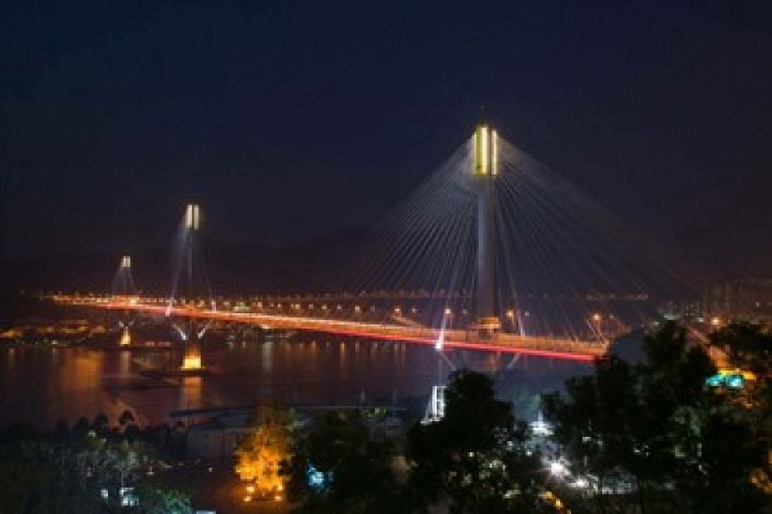 Bridge lit up at night Ting Kau Bridge Rambler Channel New Territories Hong Kong Canvas Art - Panoramic Images (36 x 24)