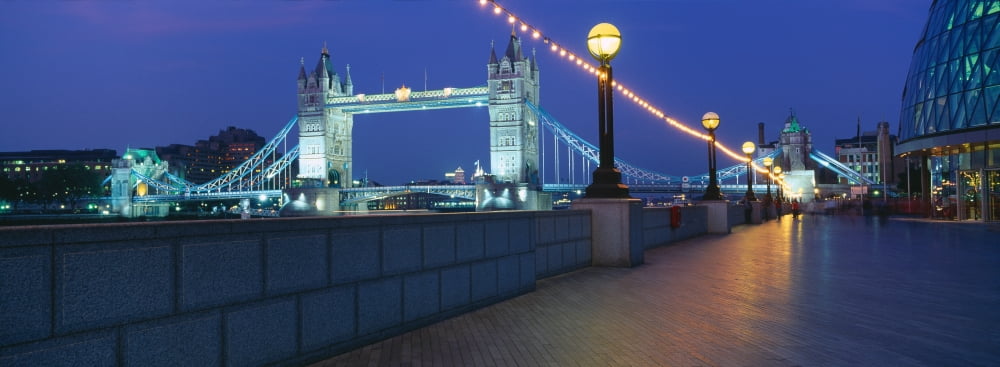 Bridge lit up at night Tower Bridge River Thames London England Canvas Art - Panoramic Images (36 x 12)