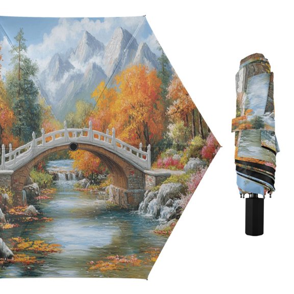 Bridge on Forests Compact Sun Umbrella Windproof Travel Umbrellas for Rain Strong Portable UV Protection