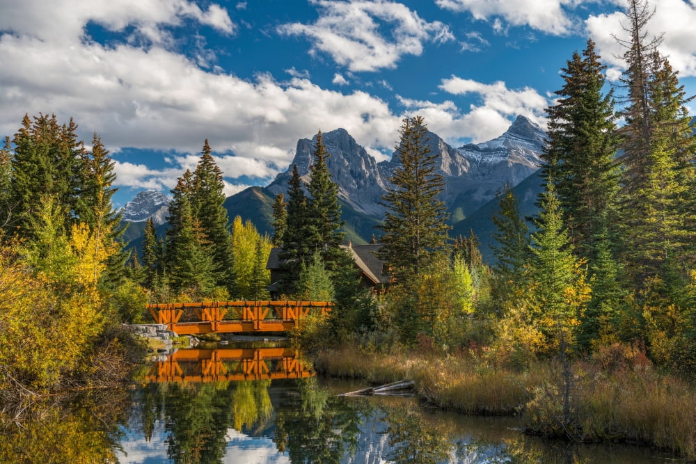 Bridge on Spring Creek Three Sisters Canmore Alberta Canada Canvas Art - Panoramic Images (18 x 24)