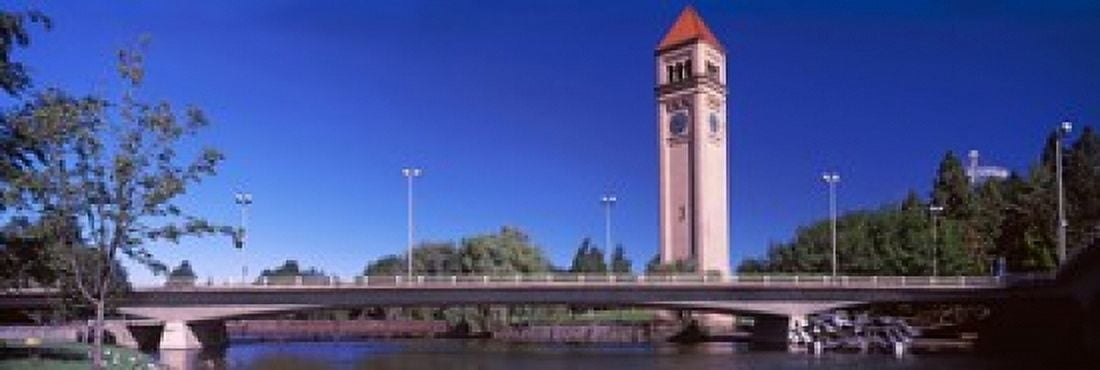 Bridge with Clock Tower in the background Riverfront Park Spokane Washington State USA Canvas Art - Panoramic Images (18 x 6)