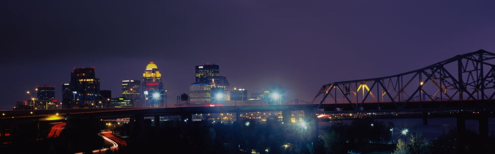 Bridge with skyline lit up at night John F Kennedy Memorial Bridge Louisville Kentucky USA Canvas Art - Panoramic Images (36 x 12)