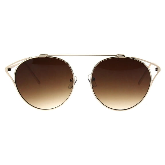 Bridgeless Top Flat Bridge Unique Retro Design Metal Horn Rim Sunglasses Gold Brown