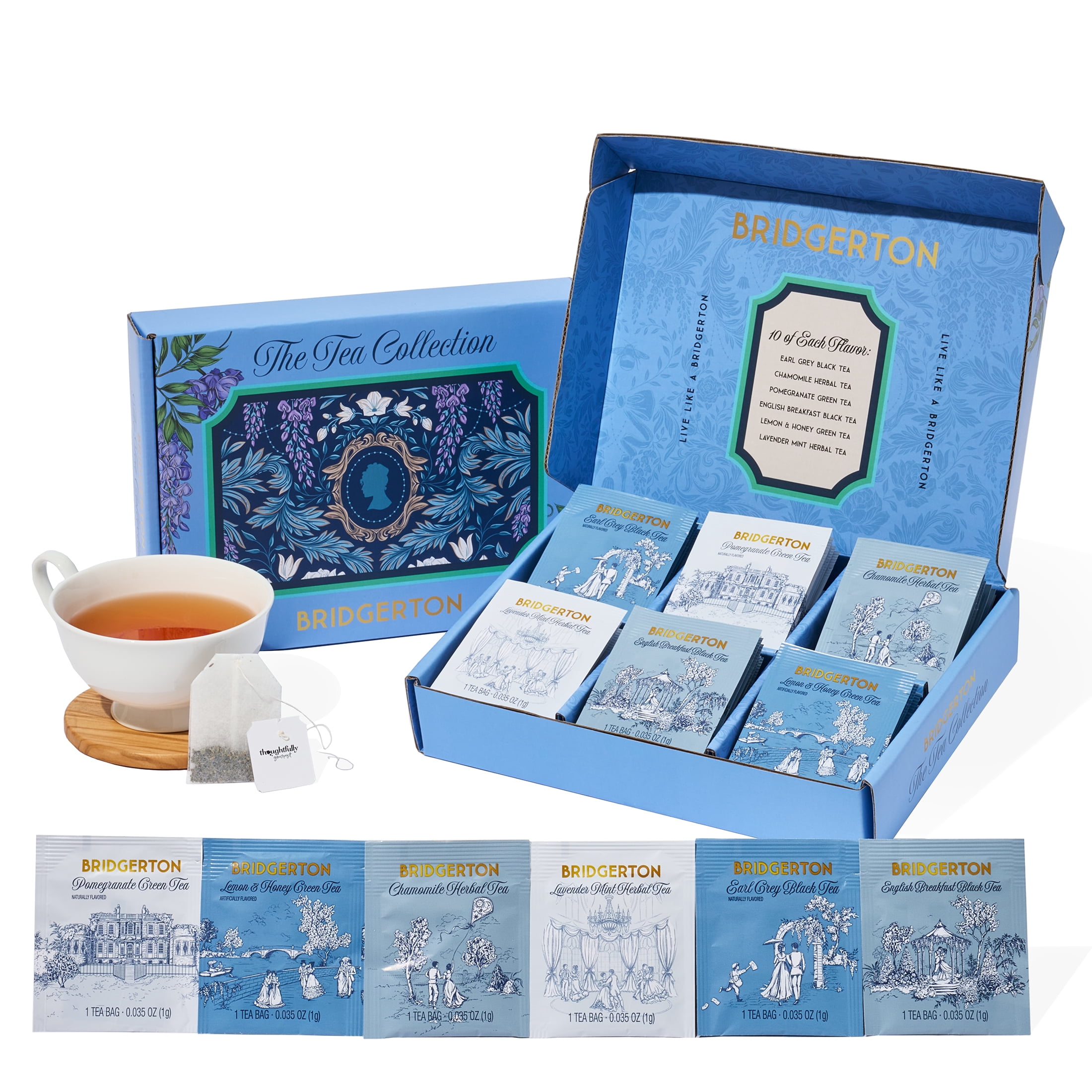 Bridgerton The Tea Collection Officially Licensed Tea Gift Set, 60 Premium Tea Bags with Herbal, Black & Green Tea Blends Bridgerton Inspired Tea Box for Fans and Book Lovers