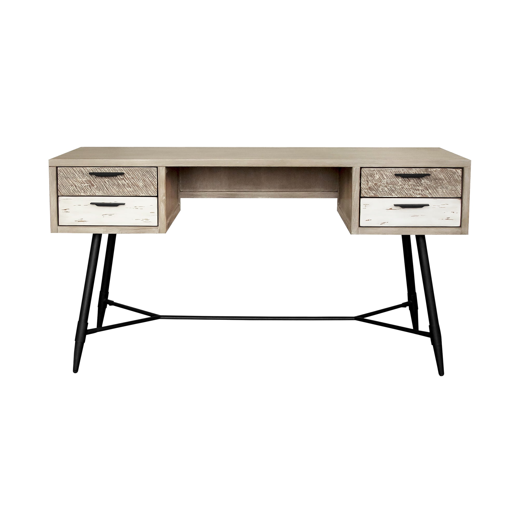 Transitional Two-Tone Acacia Wood Desk with Sleek Black Base
