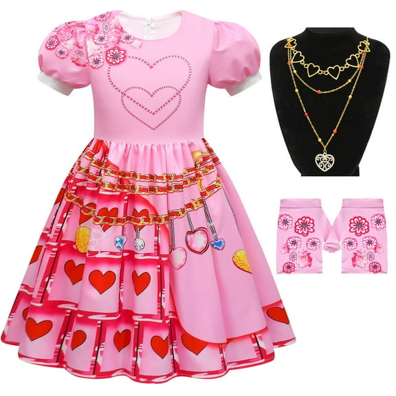 Bridget Costume w/Necklace Gloves for Girls Halloween Pink Princess Cosplay Dress, Size for 5-6Y