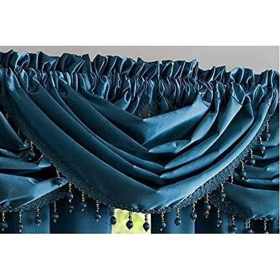 Bridget Crushed Satin Valance with Beaded Trim, Smoke Blue