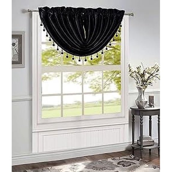 Bridget Crushed Satin Valance with Black and Gold Beaded Trim, Black