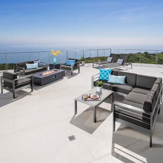Bridget Outdoor 11 Piece Aluminum Patio Collection with Cushions and Fire Table, Grey, Dark Grey, Dark Grey