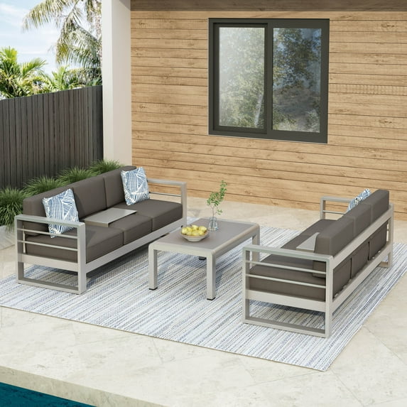 Bridget Outdoor 3-Piece Aluminum Sofa Set with Cushions, Khaki