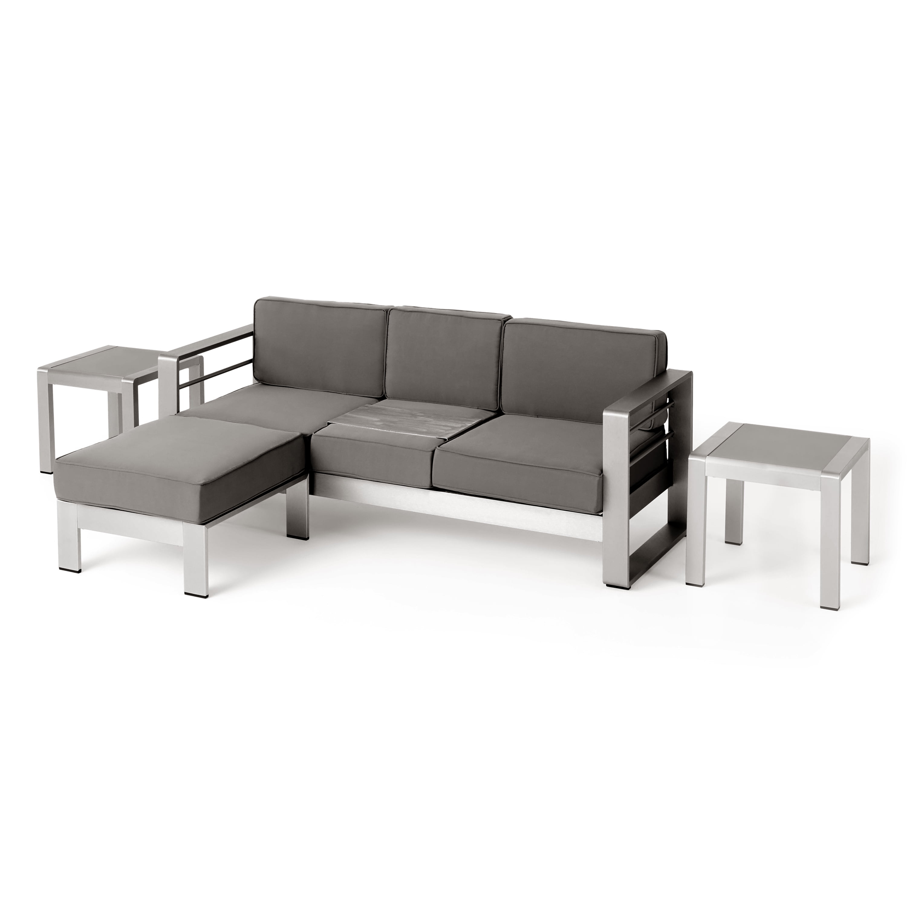 Silver and Khaki Aluminum Outdoor Sofa Set with Ottoman and Tables