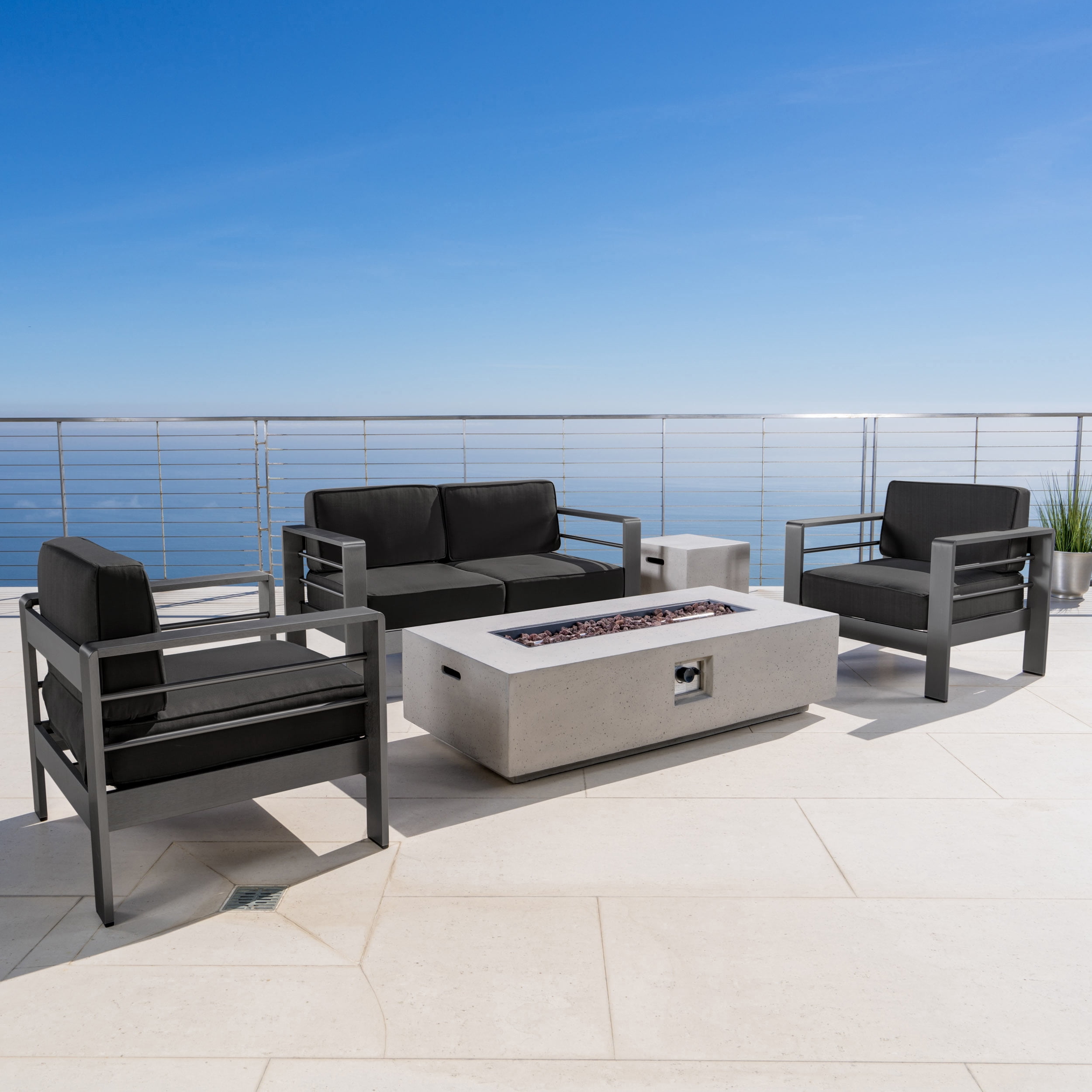 Bridget Outdoor 5 Piece Aluminum Sofa Chat Set with Cushions and Rectangular Fire Table, Grey, Light Grey