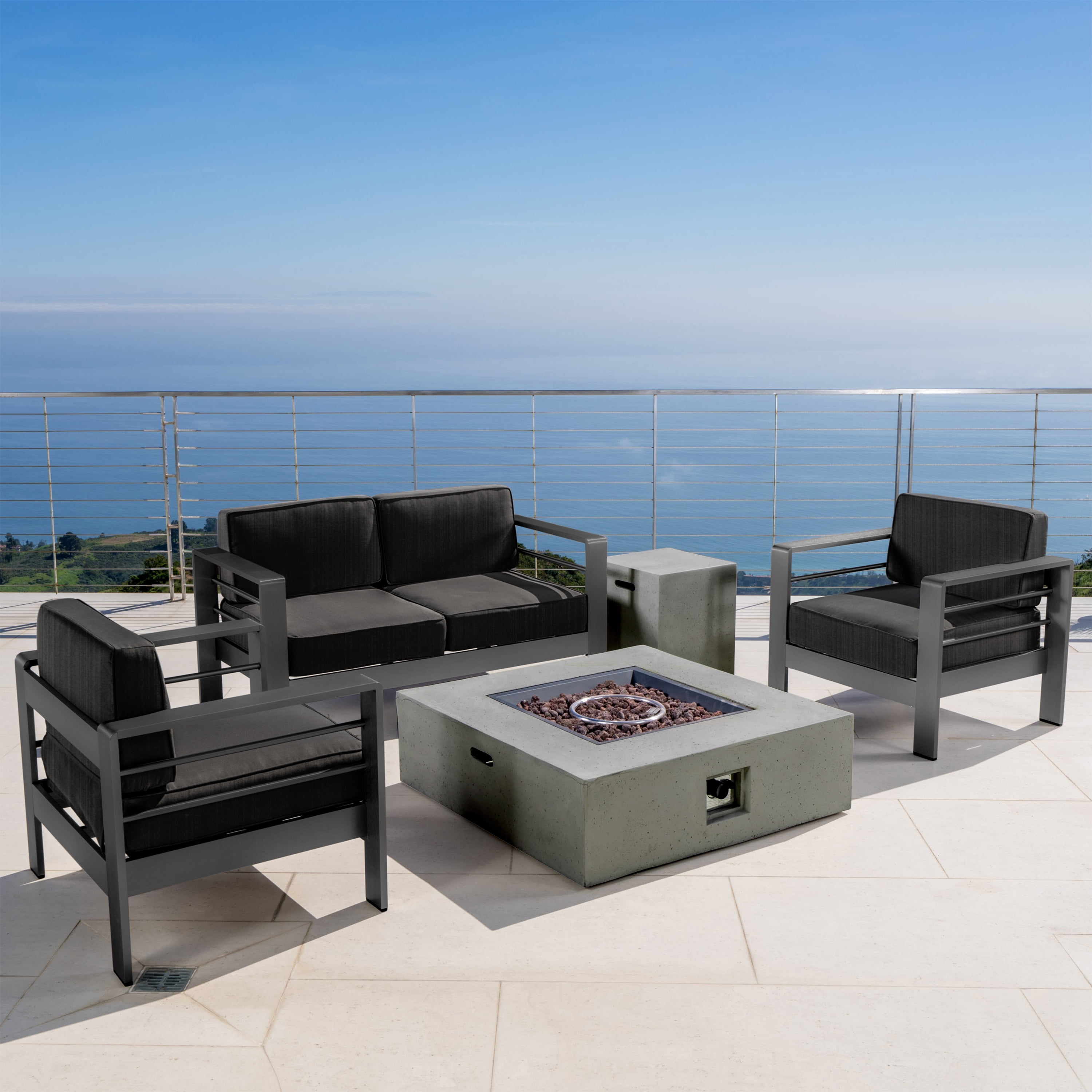 Bridget Outdoor 5 Piece Aluminum Sofa Chat Set with Cushions and Square Fire Table, Grey, Light Grey