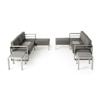 Bridget Outdoor 6 Seater Aluminum Sofa and Ottoman Set with Side Tables, Silver and Khaki