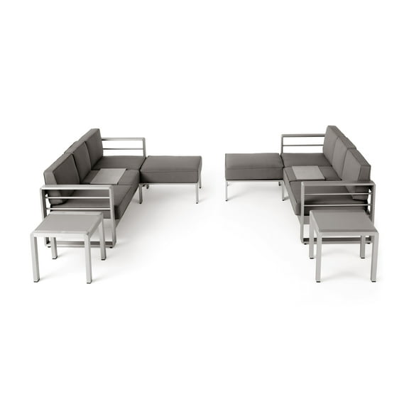 Bridget Outdoor 6 Seater Aluminum Sofa and Ottoman Set with Side Tables, Silver and Khaki