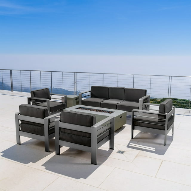 Bridget Outdoor 7 Piece Aluminum Sofa Chat Set with Cushions and Rectangular Fire Table, Grey, Light Grey