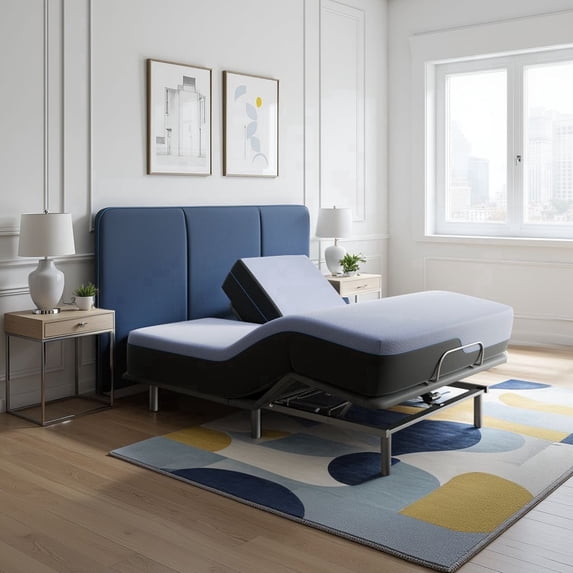 Bridgevine Home 12 inch Refresh Flex Top Memory Foam Hybrid Mattress and Adjustable Base Bundle, Queen Size, Blue