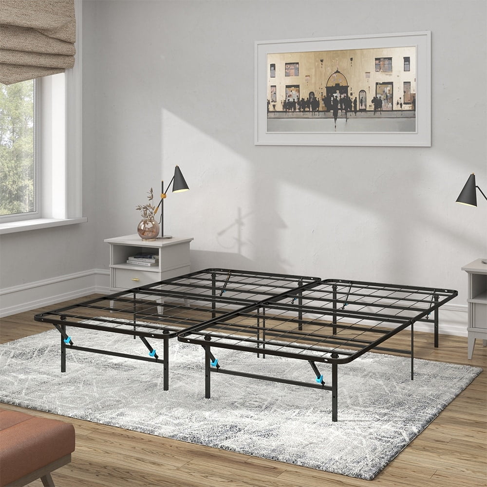 King Black Metal Foldable Bed Frame with Drawer