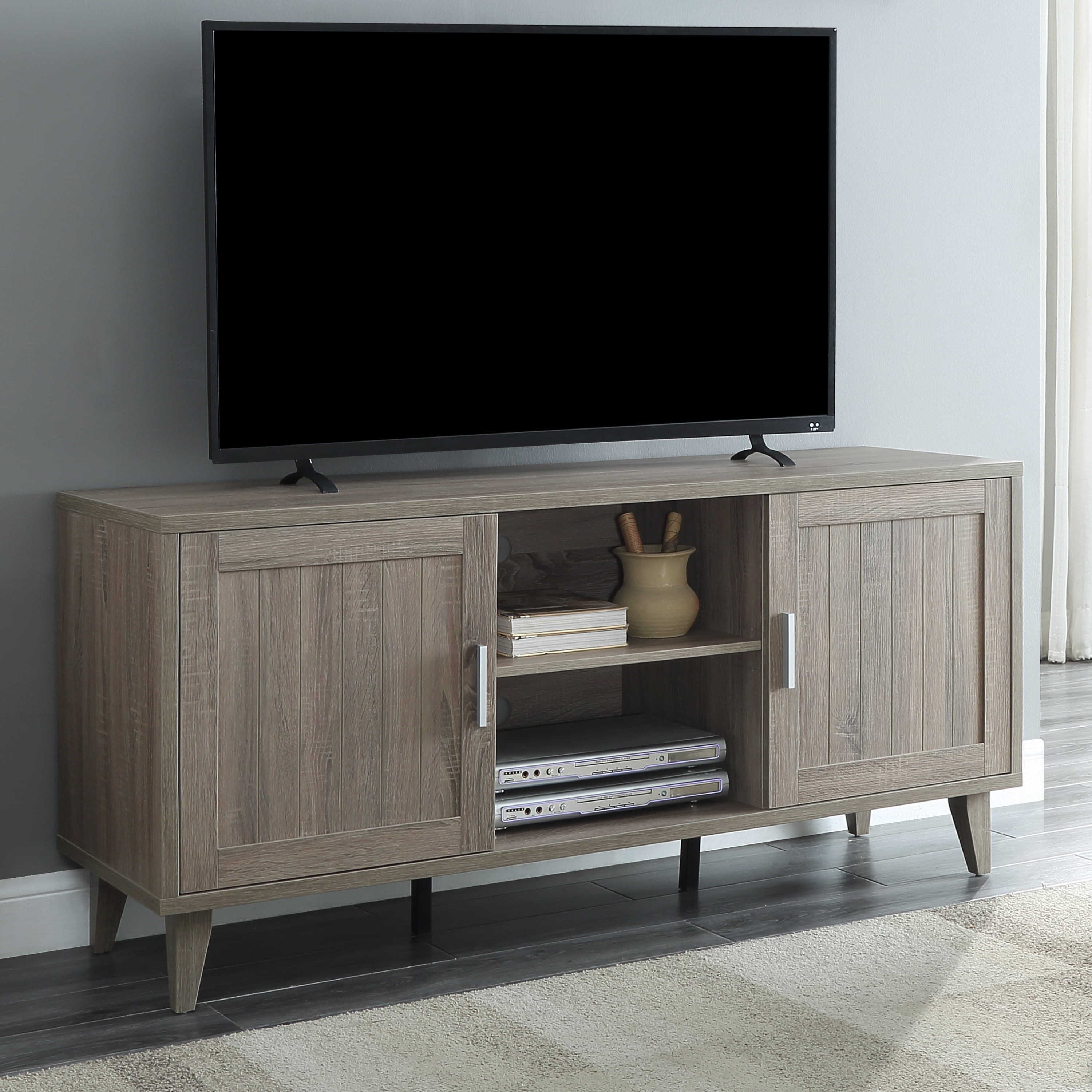 Vintage Stone Wash Grey Mid-Century TV Stand with Cabinet
