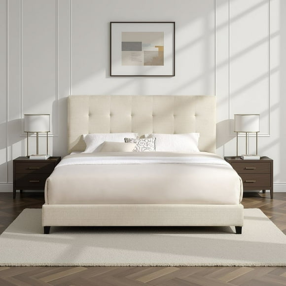 Bridgevine Home King Size Tall Dynasty Beige Tufted Headboard Upholstered Platform Bed