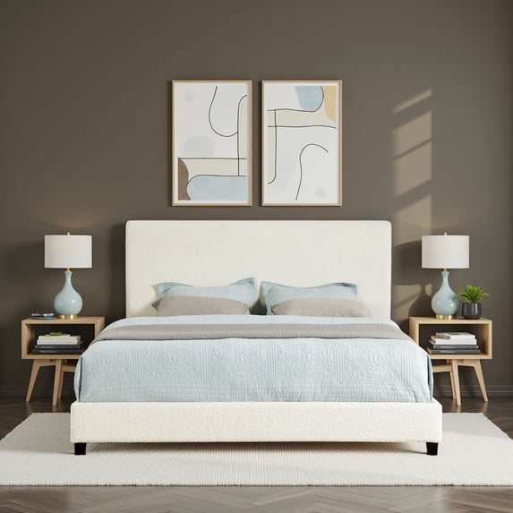 Bridgevine Home King Size White Polyester Upholstered Platform Bed with Veneer Headboard