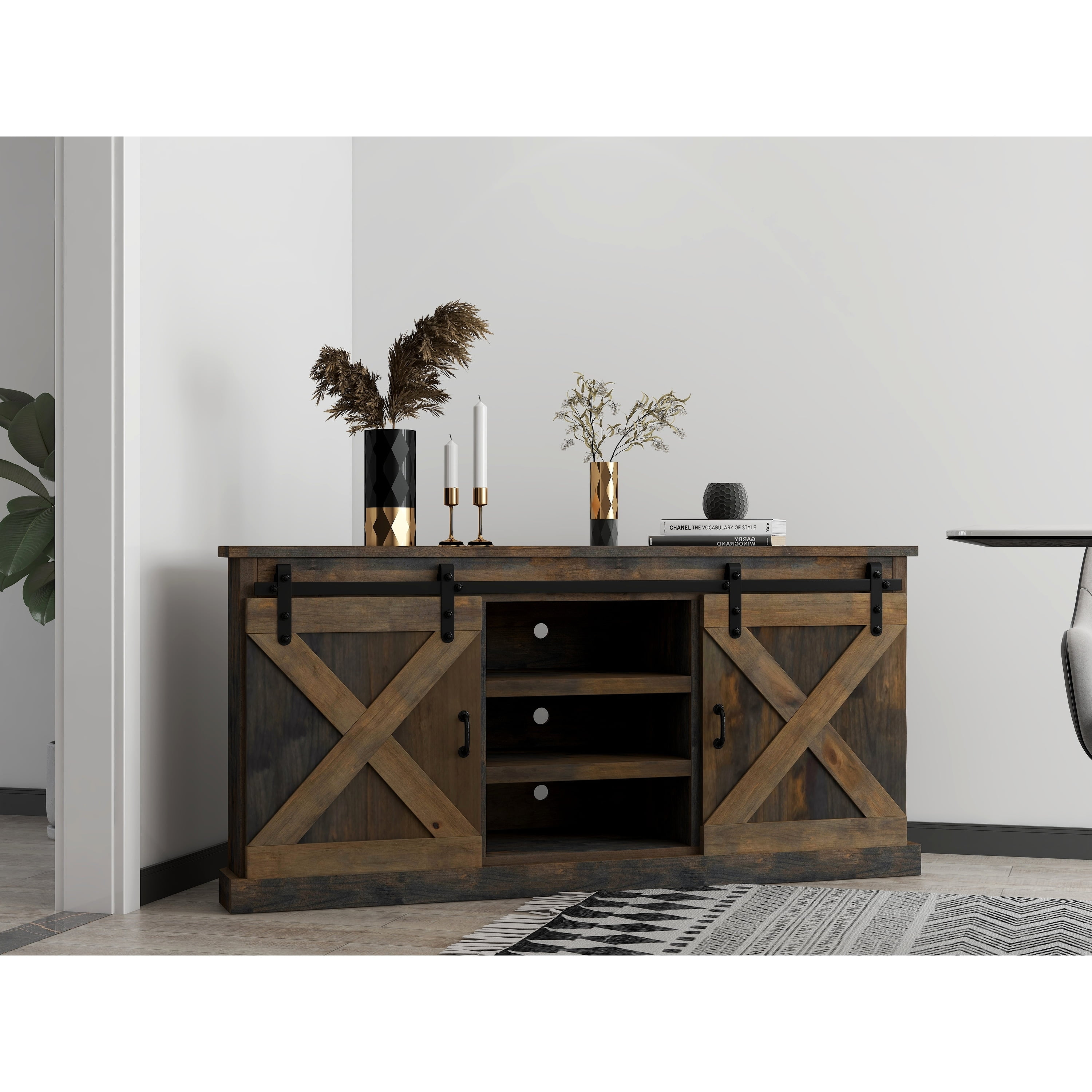 Barnwood 66" Corner TV Stand with Sliding Barn Doors