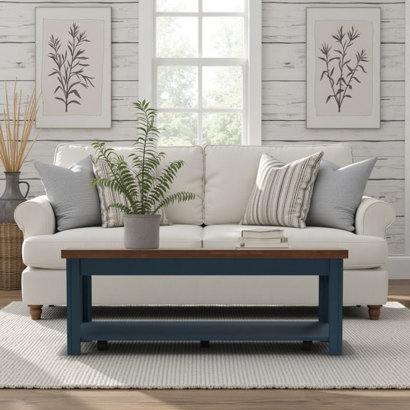 Nantucket 48 inch Coffee Table, No Assembly Required, Blue Denim and Whiskey Finish