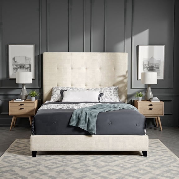 Bridgevine Home Queen Size Beige Tufted Upholstered Platform Bed