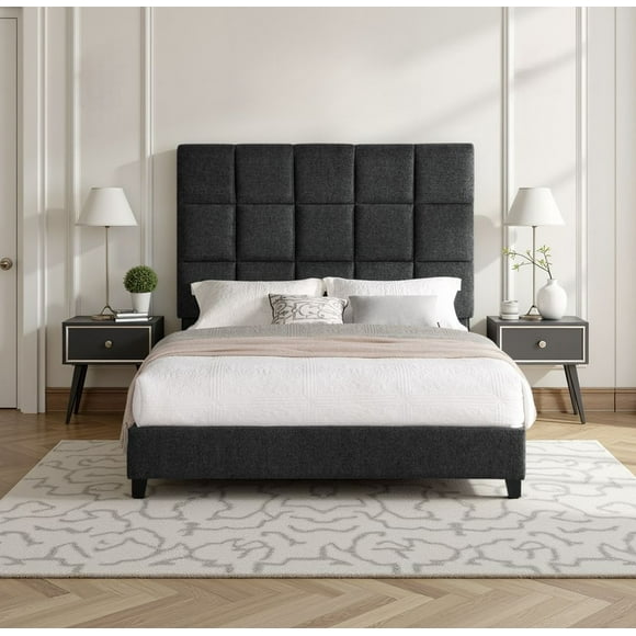 Bridgevine Home Queen Size Grey Squares Upholstered Platform Bed