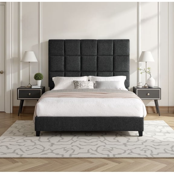 Bridgevine Home Queen Size Grey Squares Upholstered Platform Bed