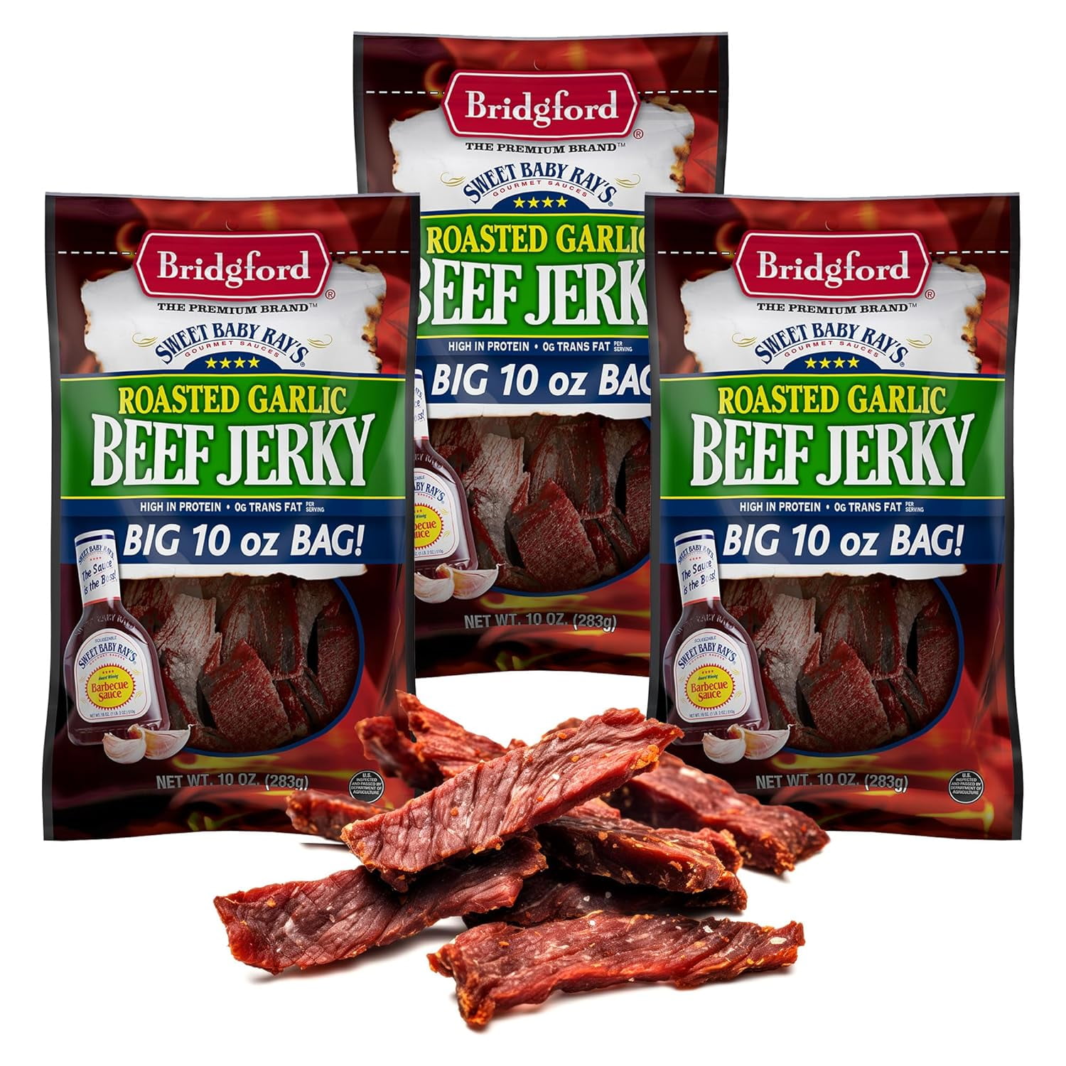 Bridgford Sweet Baby Ray’s Beef Jerky Roasted Garlic 10 oz Pack of 3