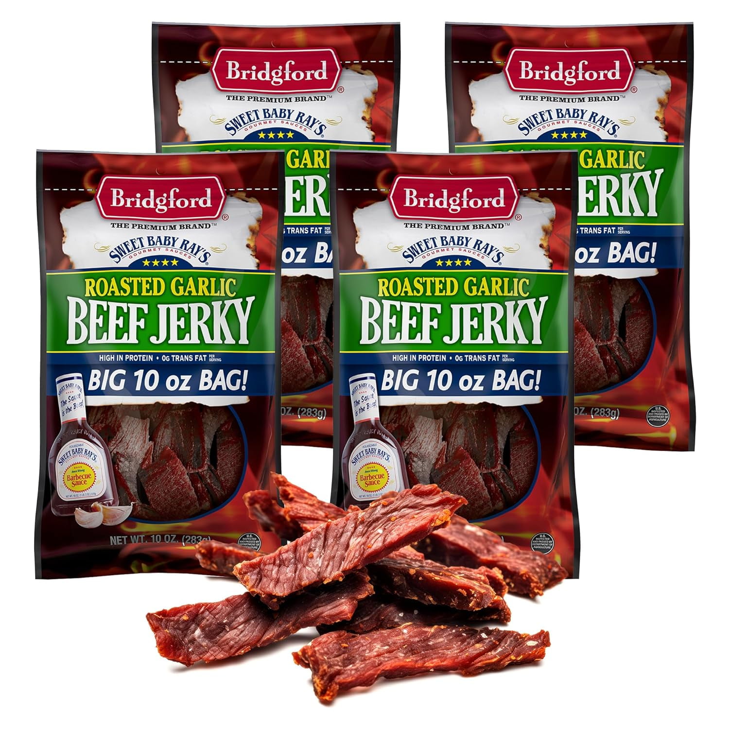 Bridgford Sweet Baby Ray’s Beef Jerky Roasted Garlic 10 oz Pack of 4