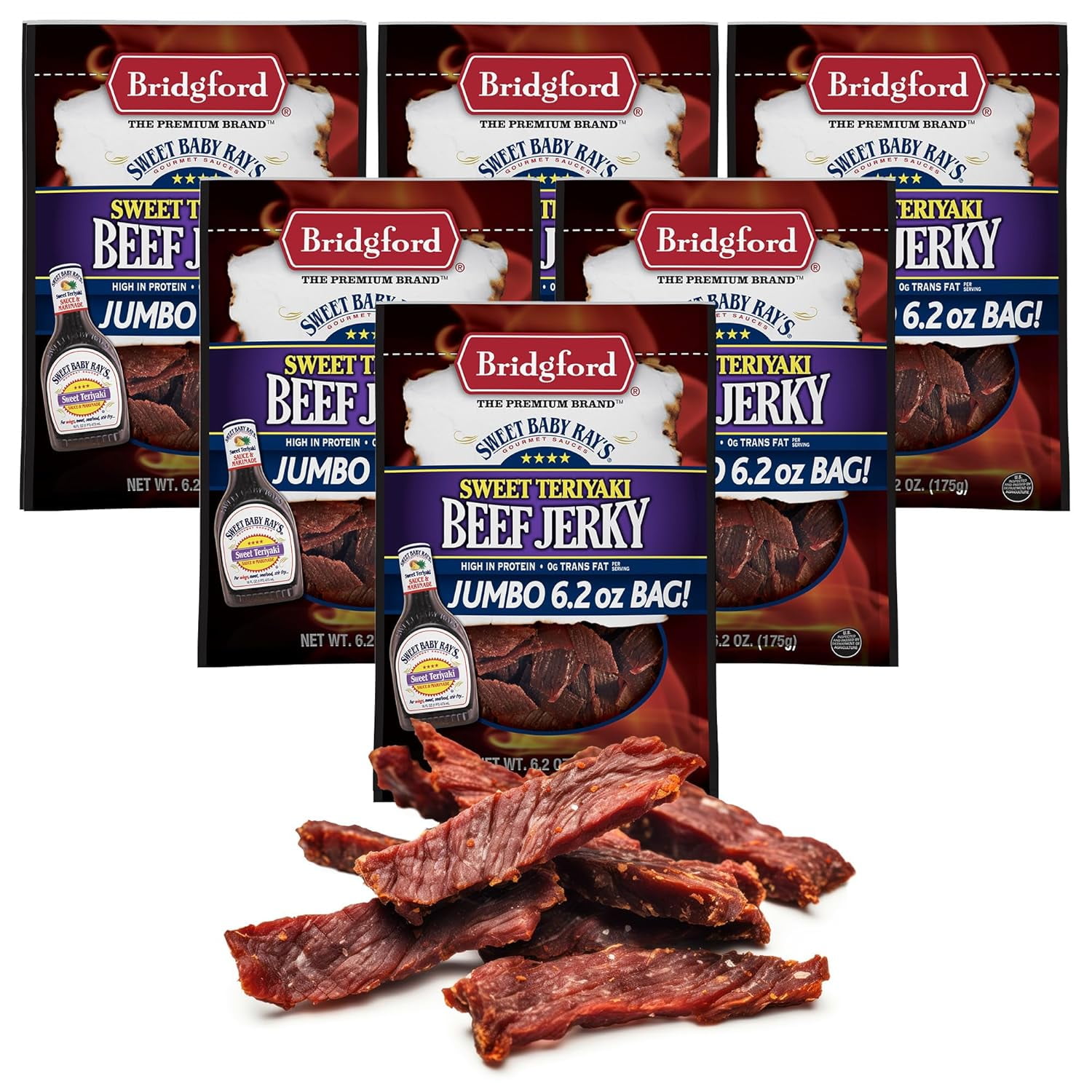 Bridgford Sweet Baby Ray’s Beef Jerky Sweet Teriyaki 6.2 oz Pack of 6